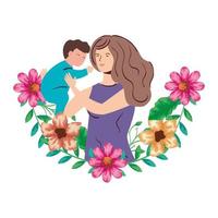 moeder die babyjongen met bloemendecoratie opheft vector