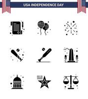 gelukkig onafhankelijkheid dag 9 solide glyphs icoon pak voor web en afdrukken monument Verenigde Staten van Amerika brand sport- basketbal bewerkbare Verenigde Staten van Amerika dag vector ontwerp elementen