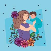 moeder die babyjongen met bloemendecoratie opheft vector