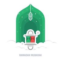 ramadan kareem islamitisch ontwerp wassende maan en moskeekoepel silhouet met arabisch patroon en kalligrafie vector