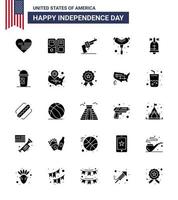 25 solide glyph tekens voor Verenigde Staten van Amerika onafhankelijkheid dag Amerikaans bal geweer worst voedsel bewerkbare Verenigde Staten van Amerika dag vector ontwerp elementen