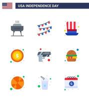 gelukkig onafhankelijkheid dag 4e juli reeks van 9 flats Amerikaans pictogram van leger geweer hoed teken geld bewerkbare Verenigde Staten van Amerika dag vector ontwerp elementen