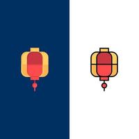 lantaarn China Chinese decoratie pictogrammen vlak en lijn gevulde icoon reeks vector blauw achtergrond