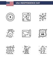 lijn pak van 9 Verenigde Staten van Amerika onafhankelijkheid dag symbolen van Verenigde kaart leger voedsel Frans Patat bewerkbare Verenigde Staten van Amerika dag vector ontwerp elementen