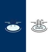 zwemmen zwembad hotel serveert pictogrammen vlak en lijn gevulde icoon reeks vector blauw achtergrond