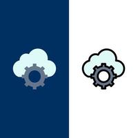 wolk cloud computing cloudinstellingen pictogrammen vlak en lijn gevulde icoon reeks vector blauw achtergrond