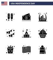 gelukkig onafhankelijkheid dag 4e juli reeks van 9 solide glyphs Amerikaans pictogram van kamp partij gebouw decoratie Amerikaans bewerkbare Verenigde Staten van Amerika dag vector ontwerp elementen