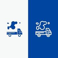 auto- vrachtauto emissie gas- verontreiniging lijn en glyph solide icoon blauw banier lijn en glyph solide icoon blauw banier vector