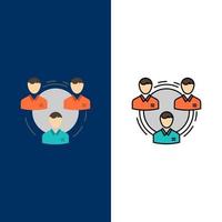 team bedrijf communicatie hiërarchie mensen sociaal structuur pictogrammen vlak en lijn gevulde icoon reeks vector blauw achtergrond
