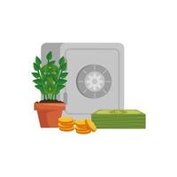 Strongbox met plant en geld geïsoleerde pictogram vector