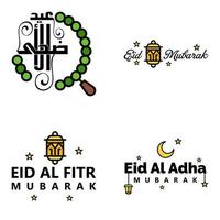 pak van 4 decoratief doopvont kunst ontwerp eid mubarak met modern schoonschrift kleurrijk maan sterren lantaarn ornamenten nors vector