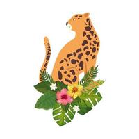 luipaard dier met bloemen en bladeren geïsoleerd pictogram vector
