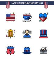 9 vlak gevulde lijn tekens voor Verenigde Staten van Amerika onafhankelijkheid dag pet vlag liefde Amerikaans ijs room bewerkbare Verenigde Staten van Amerika dag vector ontwerp elementen