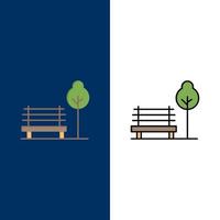 bank stoel park hotel pictogrammen vlak en lijn gevulde icoon reeks vector blauw achtergrond
