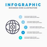 wereld wereldbol internet dollar lijn icoon met 5 stappen presentatie infographics achtergrond vector