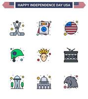 gelukkig onafhankelijkheid dag 4e juli reeks van 9 vlak gevulde lijnen Amerikaans pictogram van inheems Amerikaans ster bruiloft bescherming hoofd bewerkbare Verenigde Staten van Amerika dag vector ontwerp elementen