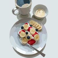 een gezond gelukkig ontbijt . een kom van banaan, aardbei, en bosbessen. en een mok zwart koffie. mode achtergrond vector