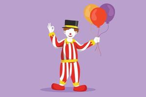 karakter vlak tekening van grappig clown staand en Holding ballonnen met gebaar Oke, vervelend hoed en clown kostuum klaar naar vermaken publiek in de circus arena. tekenfilm ontwerp vector illustratie