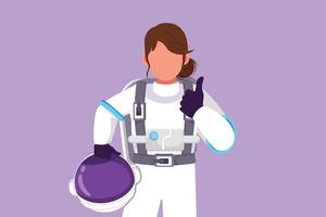 grafisch vlak ontwerp tekening vrouw astronaut Holding helm met duimen omhoog gebaar vervelend ruimtepak klaar naar onderzoeken buitenste ruimte in zoeken van mysteries van universum. tekenfilm stijl vector illustratie