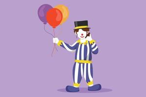 tekenfilm vlak stijl tekening vrouw clown staand en Holding ballon met telefoontje me gebaar, vervelend hoed en clown kostuum klaar naar vermaken publiek in circus arena. grafisch ontwerp vector illustratie