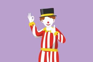 karakter vlak tekening mannetje clown hand- zeggen Hoi en de andere hand- met Oke gebaar. vervelend hoed en glimlachen gezicht verzinnen. vermaken kinderen Bij verjaardag partij of circus. tekenfilm ontwerp vector illustratie