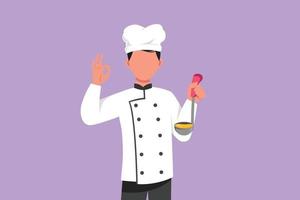 grafisch vlak ontwerp tekening actief mannetje chef Holding pollepel met Oke gebaar en proeverij heerlijk soep. vervelend uniform klaar naar koken voedsel voor gasten in restaurant. tekenfilm stijl vector illustratie