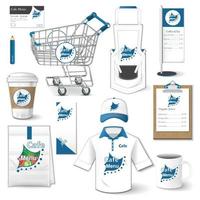 reeks van zakelijke identiteit, uniform, folder, shirt, beker, kar, menu, pakket, schort, koffie kop vector illustratie