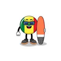 mascotte tekenfilm van Senegal vlag net zo een surfer vector