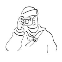 voor de helft lengte mannetje fotograaf gebruik makend van compact camera illustratie vector hand- getrokken geïsoleerd Aan wit achtergrond lijn kunst.