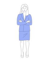 een vrouw in een formeel pak zullen leg uit met gekruiste armen, show, leren. een bedrijf persoon, een leraar maakt een presentatie. vector lijn grafiek.