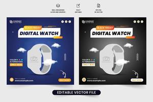 digitaal kijk maar zwart vrijdag uitverkoop sociaal media post sjabloon met blauw en donker kleuren. polshorloge bedrijf promotionele web banier ontwerp. SmartWatch uitverkoop poster vector voor sociaal media marketing.