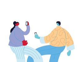 vrouw en man cartoon met smartphone vector ontwerp