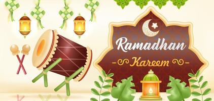 Ramadan kareem. 3d illustratie van een moskee, lamp, trommel, podium, en een Mens bidden vector