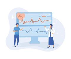 hart ziekte screening en diagnostisch illustratie. dokter cheques bloed druk en onderzoeken kardiogram en pulse Aan ekg monitor. gezondheidszorg en geneeskunde concept. vlak vector illustratie