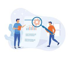 tekens bespreken afzet en seo strategie. mensen analyseren markt trends en planning seo optimalisatie. seo gericht op en prestatie concept. vlak vector illustratie