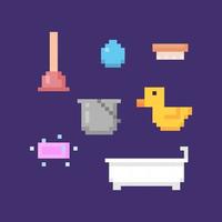 pixel pictogrammen. water druppels, bad baden, emmers, rubber eenden, borstels, zeep, gereedschap voor verstopt Toiletten. badkamer voorwerpen. concept van icoon of symbool. spel middelen vector