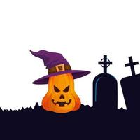 Halloween-pompoen met heksenhoed en graven vector
