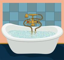badkamer. hygiëne concept. vector illustratie met bad, douche en tegel muur. helder zeep bubbels.