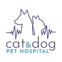 kat en hond lijn tekening, huisdier ziekenhuis logo met hart tarief vector