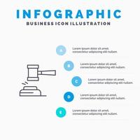 actie veiling rechtbank hamer hamer rechter wet wettelijk lijn icoon met 5 stappen presentatie infographics achtergrond vector