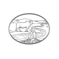 brahman stier staande met kronkelende rivier of kreek bergketen en kampvuur lijntekeningen tattoo stijl zwart en wit vector