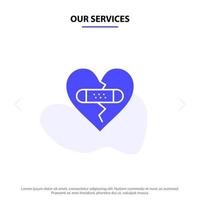 onze Diensten gebroken emoties vergiffenis hart liefde solide glyph icoon web kaart sjabloon vector