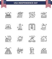 4e juli Verenigde Staten van Amerika gelukkig onafhankelijkheid dag icoon symbolen groep van 16 modern lijnen van mijlpaal pet bal hoed naald- bewerkbare Verenigde Staten van Amerika dag vector ontwerp elementen