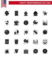 Verenigde Staten van Amerika gelukkig onafhankelijkheid dagpictogram reeks van 25 gemakkelijk solide glyph van bbq Verenigde Staten van Amerika toetje vlag ster bewerkbare Verenigde Staten van Amerika dag vector ontwerp elementen