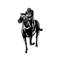 jockey racen volbloed paard of galoper vooraanzicht retro zwart en wit vector