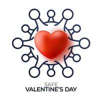 veilig valentijnsdag concept. rode valentijn liefde hart en overzicht quarantaine biohazard gevaar. coronavirus covid en liefdehart. vector illustratie