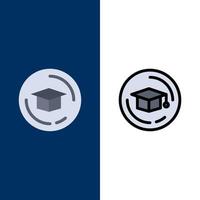 pet onderwijs diploma uitreiking pictogrammen vlak en lijn gevulde icoon reeks vector blauw achtergrond