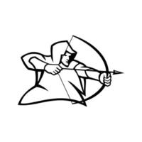 middeleeuwse boogschutter die een zwart-witte pijl en boogmascotte schiet vector