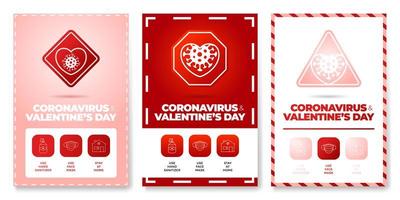 valentijn dag coronavirus alles in een pictogram poster set vectorillustratie. flyer voor coronavirusbescherming met overzichtspictogram en verkeerswaarschuwingsbord. blijf thuis, gebruik een gezichtsmasker, gebruik handdesinfecterend middel vector