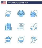 gelukkig onafhankelijkheid dag pak van 9 blues tekens en symbolen voor democratisch verklaring vlag Amerikaans gebouw bewerkbare Verenigde Staten van Amerika dag vector ontwerp elementen